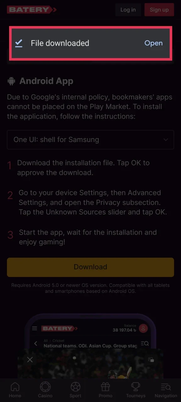 Complete the download of the Batery APK file.