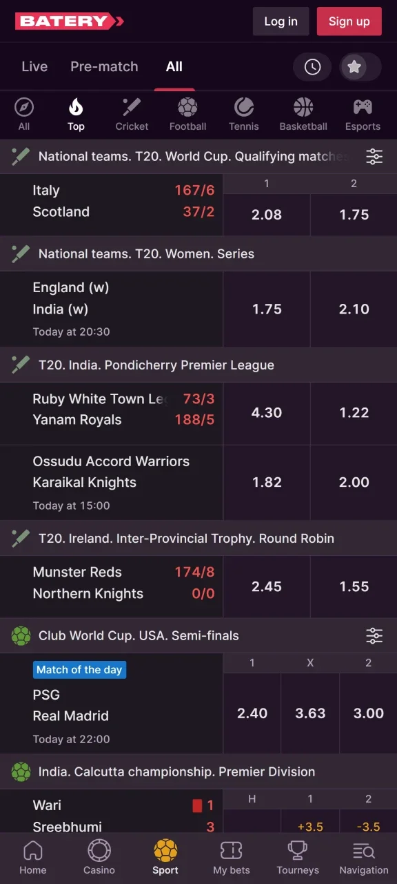 Start betting on your favorite sport at Batery app.