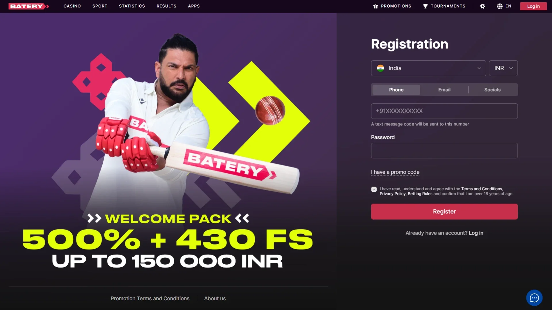 Create an account on the official Batery website.