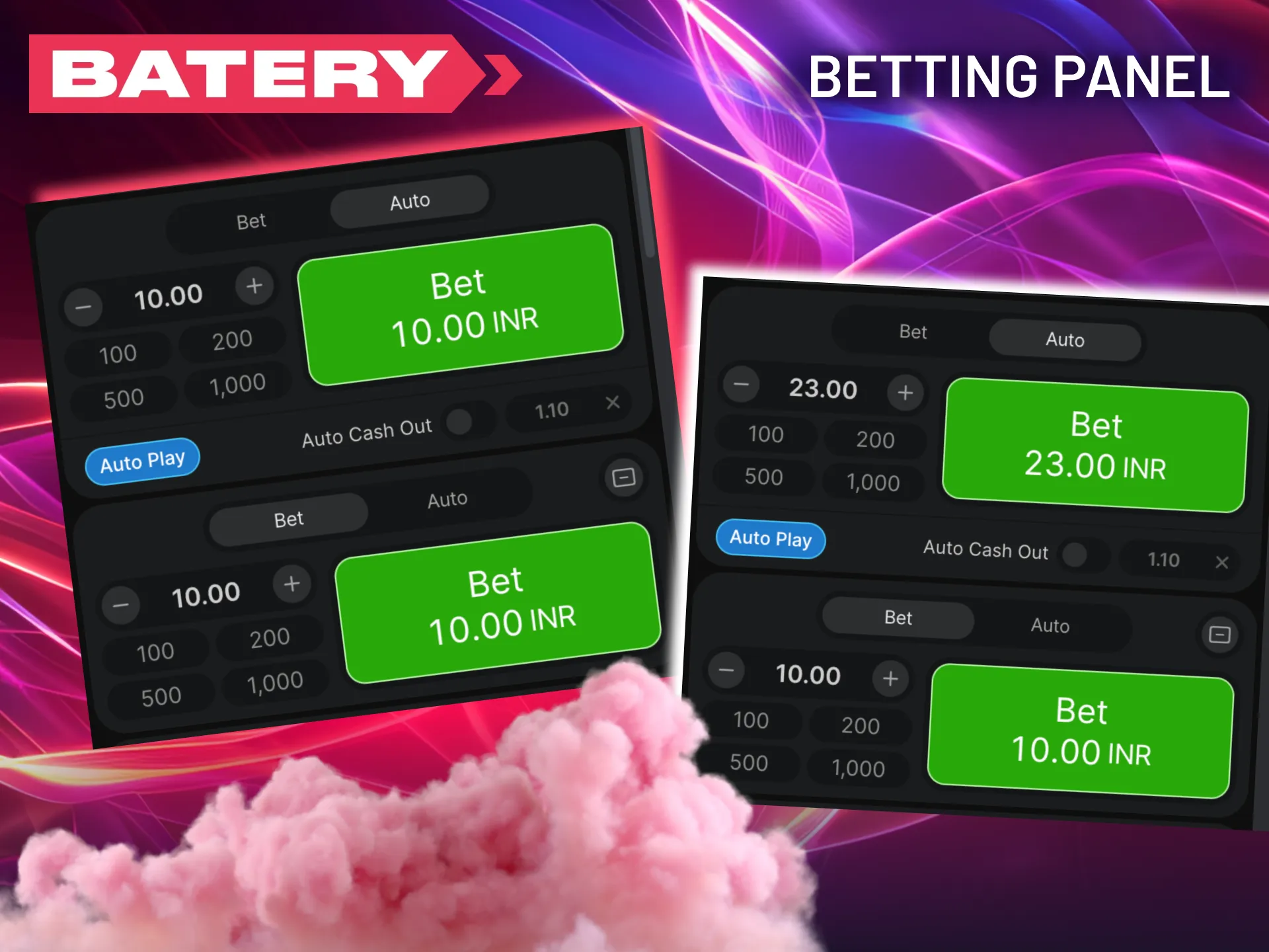 Control your stake size and auto cash-out odds in Batery’s Aviator panel.
