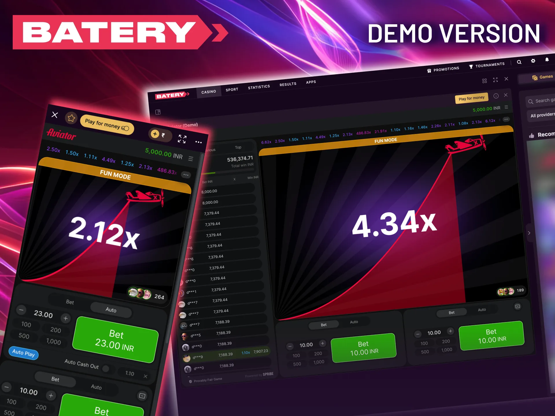 Play Aviator on Batery in demo mode using unlimited virtual chips.