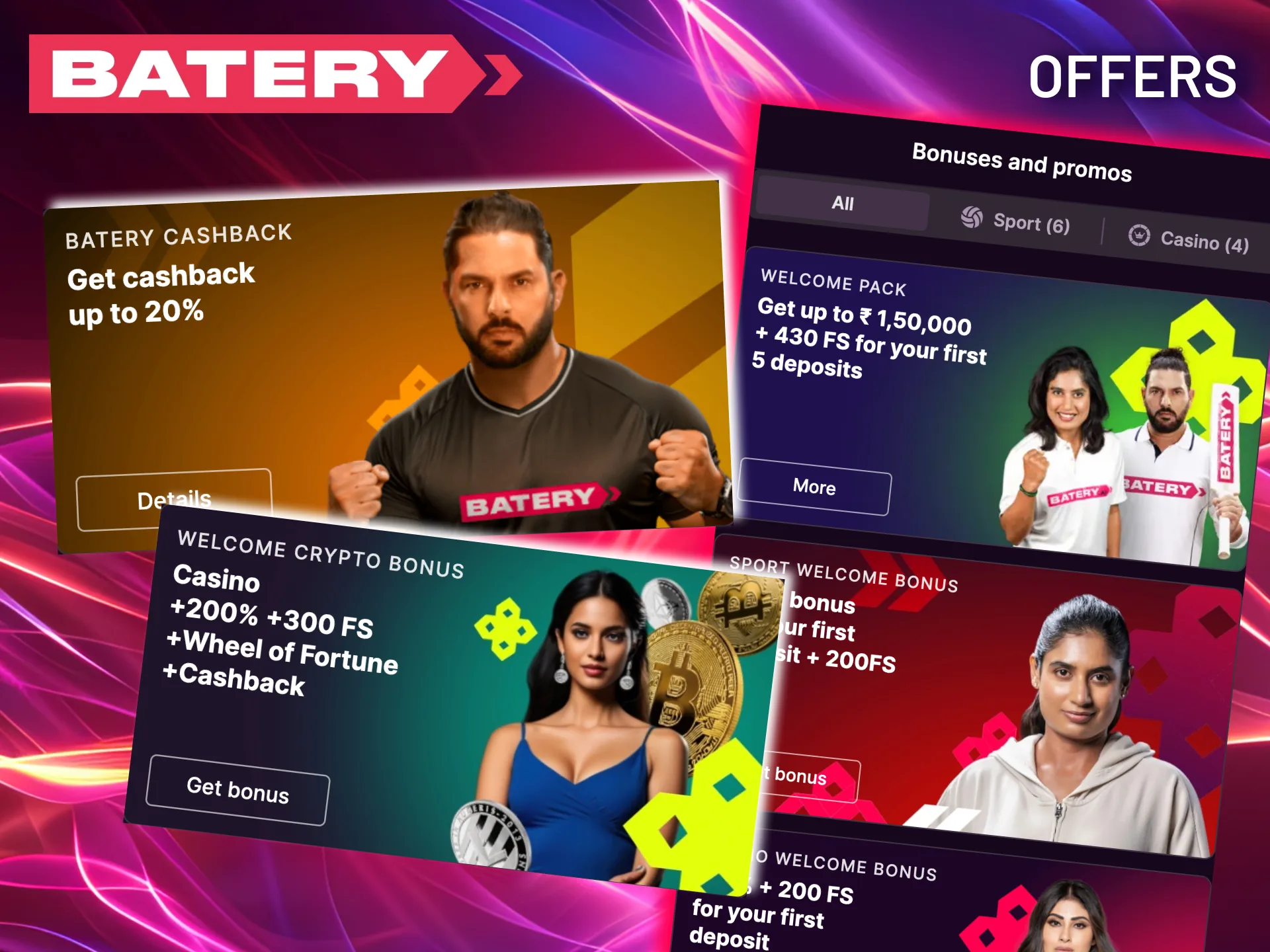 Batery offers weekly bonuses, cashback, and leaderboard prizes.