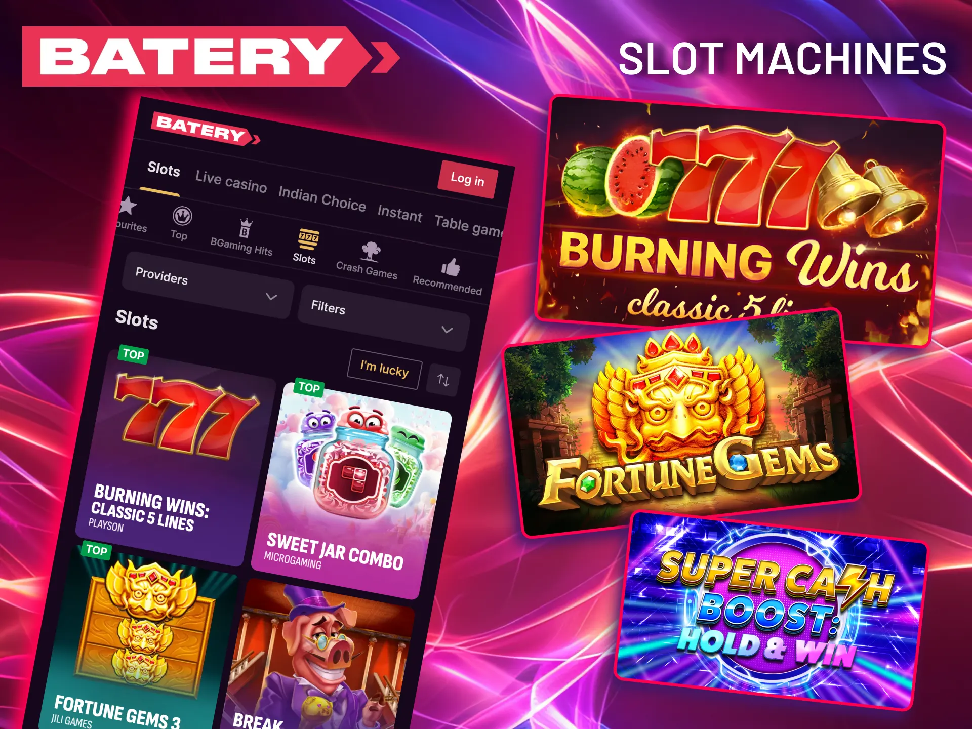 Play classic and modern slot games on Batery with extra mechanics.