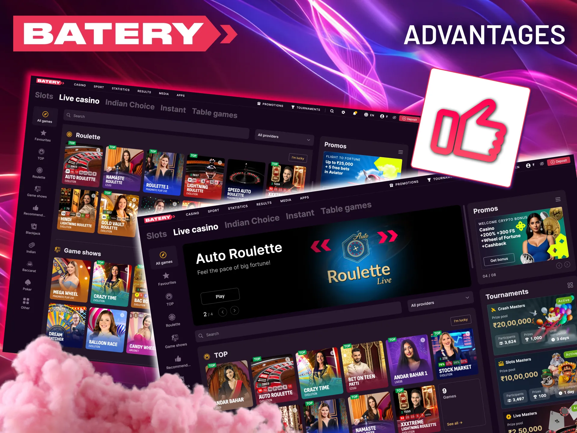 Batery platform streams high quality live dealer sessions.