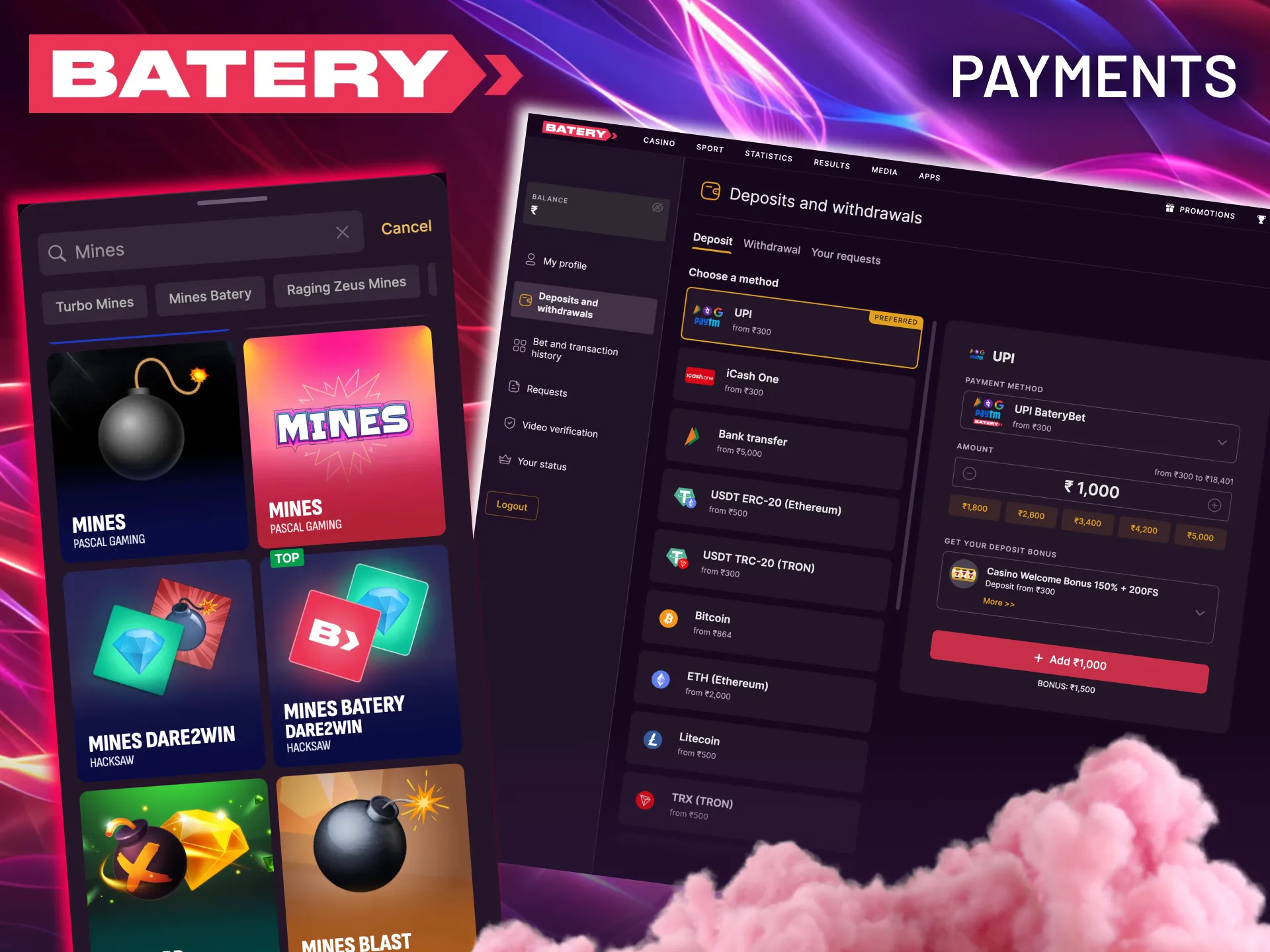 Deposit and withdraw securely via Batery crypto options Bitcoin Ethereum Solana.