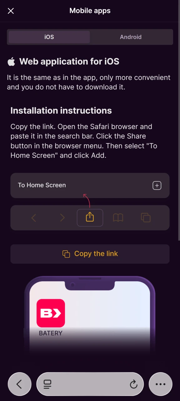 Find instructions for iOS to add the mobile version of Batery.