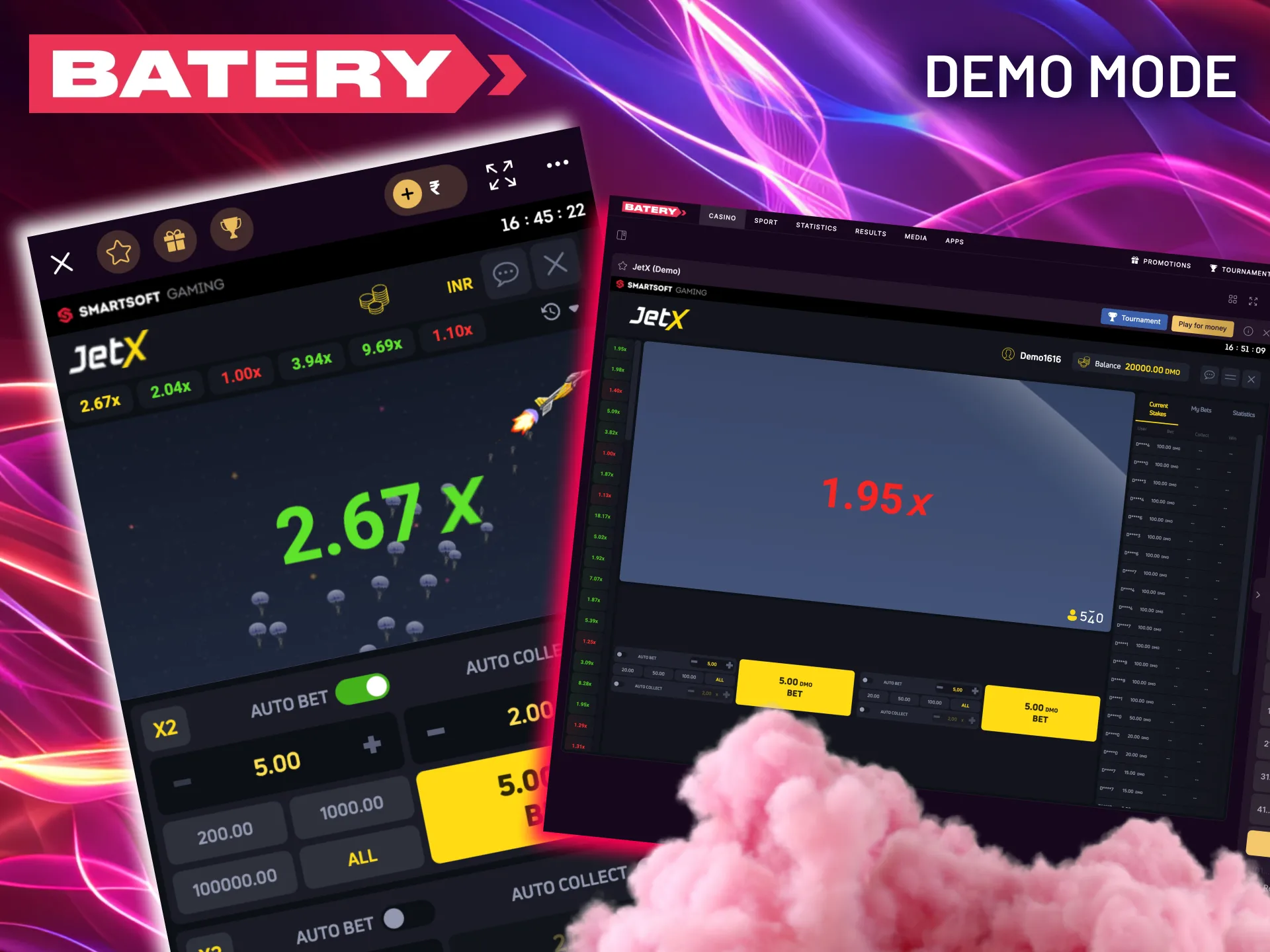 Batery provides JetX demo mode mirroring real gameplay and multipliers.