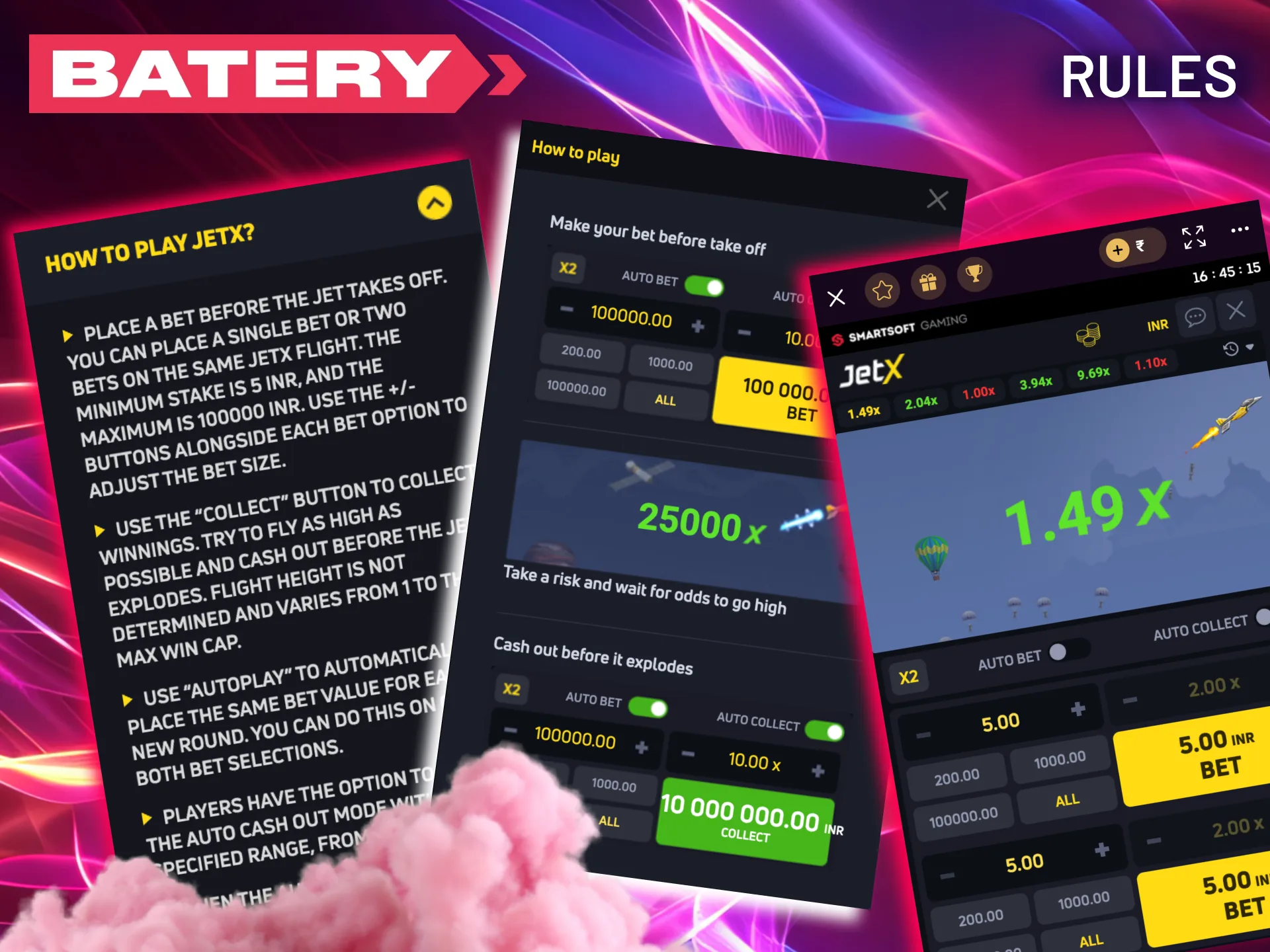 Play JetX on Batery with simple rules bet, cash out, or risk explosion.
