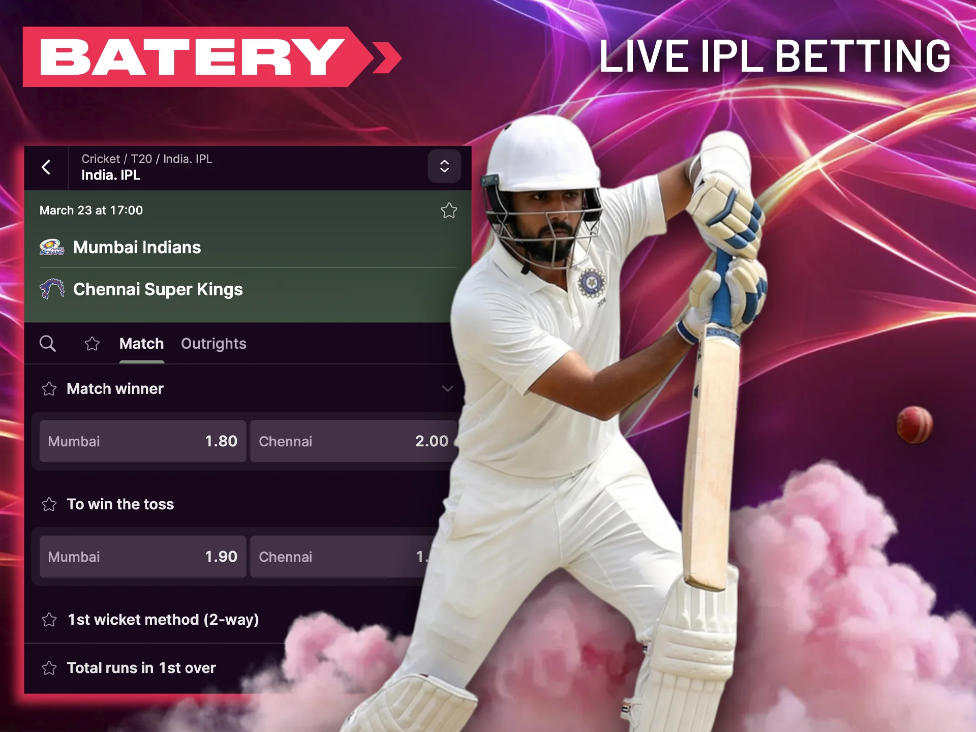 Follow your favourite team's game and place live bets on the Batery website.